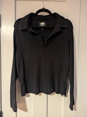 Roots Black Ribbed V Neck Collared Long Sleeve Shirt Size L